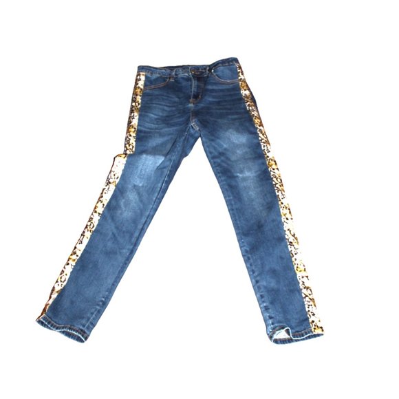 Frank Lyman Leopard Print Accent Panel Medium Blue Fade Skinny Jeans, Si… - Picture 4 of 8
